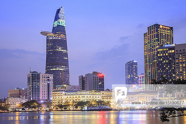 The skyline of the Central Business District of Ho Chi Minh City showing the Bitexco tower and the Saigon River  Ho Chi Minh City  Vietnam  Indochina  Southeast Asia  Asia