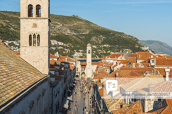View down Stradun from the city walls  UNESCO World Heritage Site  Dubrovnik  Croatia  Europe
