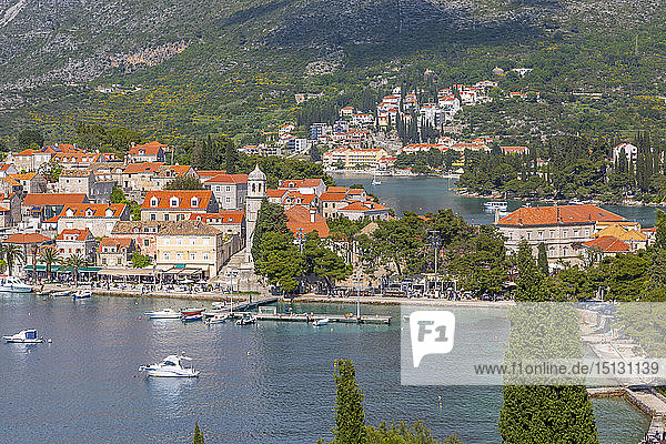 View of old town of Cavtat and Adriatic Sea from an elevated position  Cavtat  Dubrovnik Riviera  Croatia  Europe