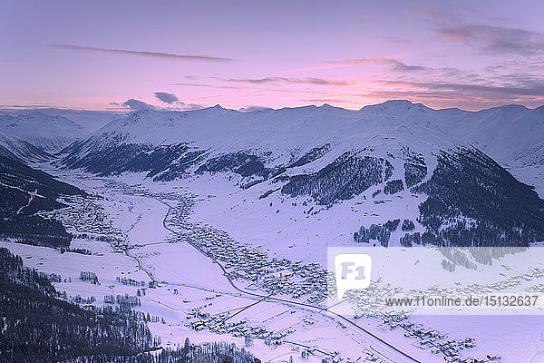 Elevated view of the village at sunset Livigno Valtellina Lombardy Italy Europe