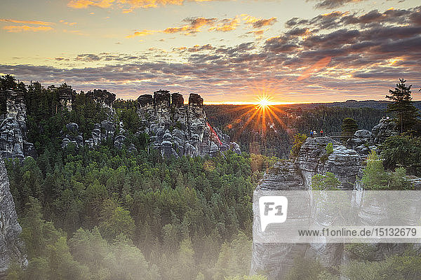 Bastei Rocks at sunrise  Elbsandstein Mountains  Saxony Switzerland National Park  Saxony  Germany  Europe
