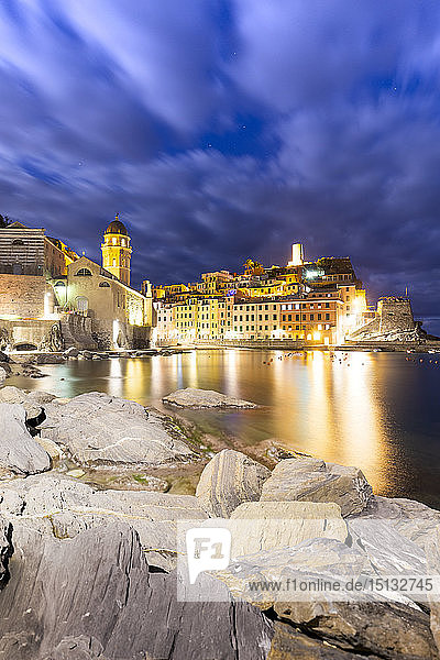 Village of Vernazza at night Cinque Terre UNESCO World Heritage Site Liguria Italy Europe