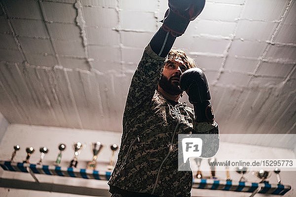 Boxer training in boxing ring