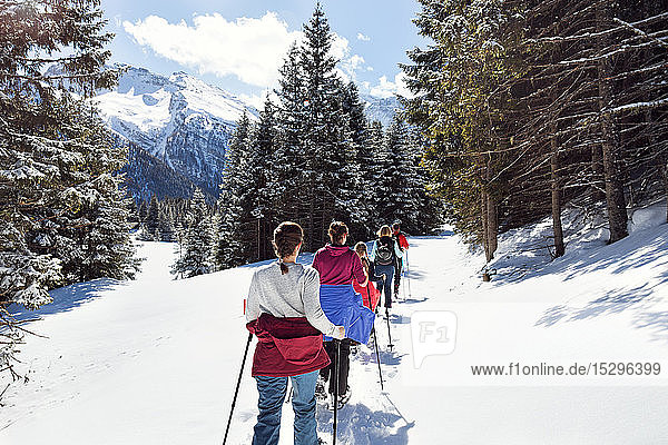 Mature couple and daughters snowshoeing in snow covered mountain landscape  rear view  Styria  Tyrol  Austria