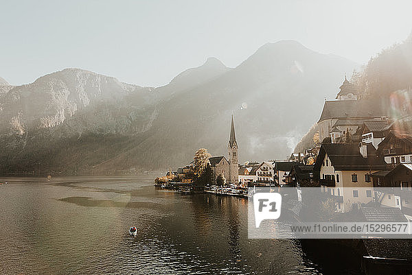 Mist rising from lakeside village  elevated view  Hallstatt  Upper Austria