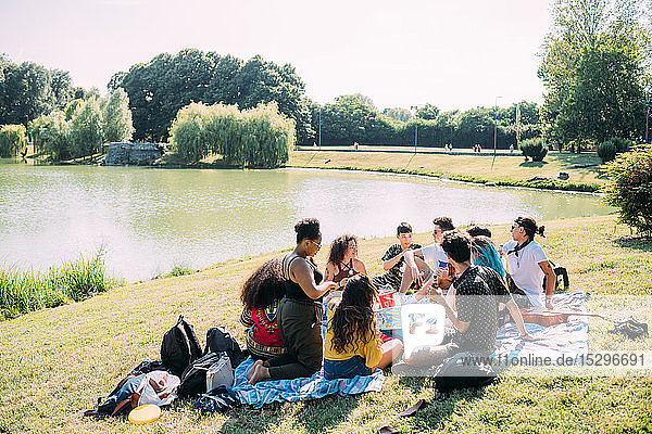 Gruppe von Freunden entspannt beim Picknick im Park