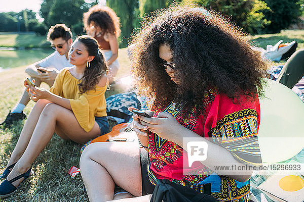 Eine Gruppe von Freunden entspannt sich mit einem Smartphone beim Picknick im Park