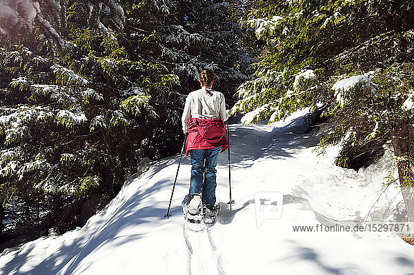 Teenage girl snowshoeing in snow covered mountain forest  rear view  Styria  Tyrol  Austria