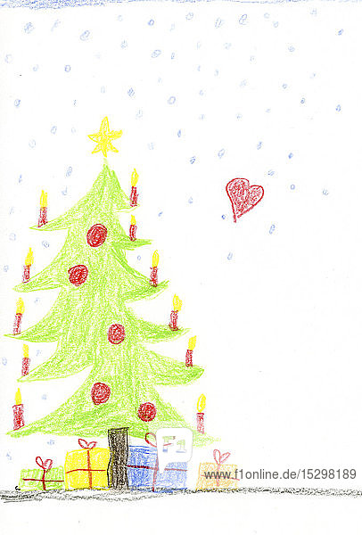 Kinderzeichnung mit geschmücktem Weihnachtsbaum und Geschenken