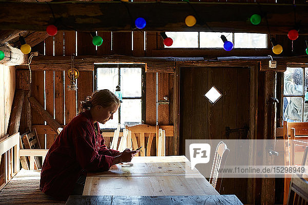 Seitenansicht einer jungen Frau  die ein Smartphone benutzt  während sie am Tisch in einer Blockhütte sitzt