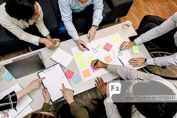 High angle view of professionals planning sales strategies during meeting in office