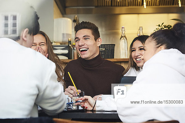 Male and female teenage friends smiling while studying at table in cafe