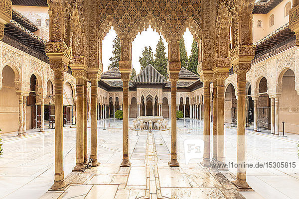 Court of the Lions at the Nasrid palace in Alhambra Granada Spain