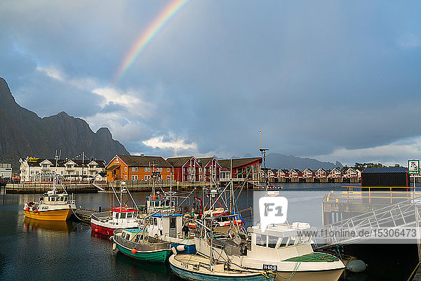 Boote im Hafen und im Regenbogen bei Svolvaer  Lofoten  Nordland