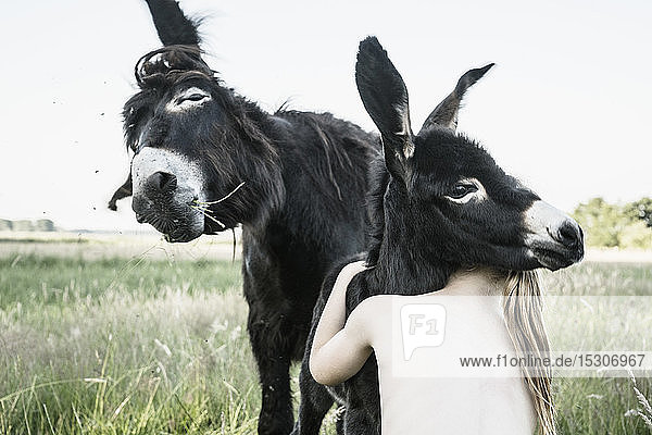 Bare Chested Girl umarmt Baby Esel in ländlichen Feld