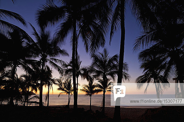 Ruhiger  idyllischer tropischer Meeresstrand mit Palmen bei Sonnenuntergang  Sayulita  Nayarit  Mexiko