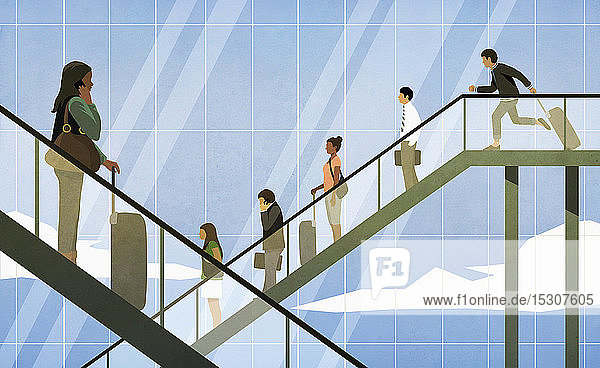 People riding airport escalators