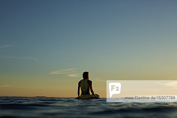 Weibliche Surferin wartet auf dem Surfbrett am Meer bei Sonnenuntergang