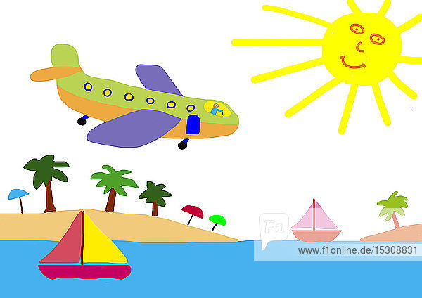 Kinderzeichnung eines Flugzeugs über einem Strand