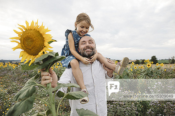 Glücklicher Mann trägt Tochter in einem Sonnenblumenfeld