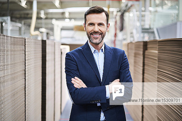 Portrait of smiling businessman in factory warehouse