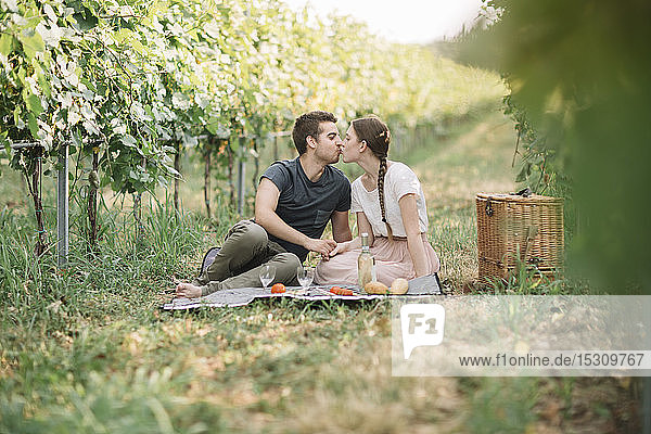Küssendes junges Paar beim Picknick in den Weinbergen