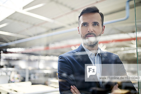 Porträt eines Geschäftsmannes hinter Glasscheibe in einer Fabrik