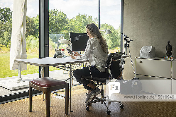 Businesswoman working at desk at home