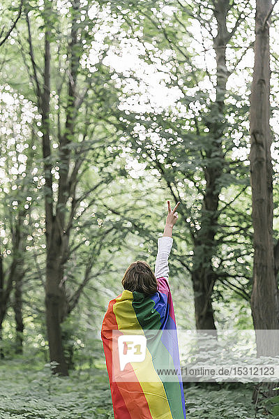 Rückansicht einer mit einer Regenbogenfahne bedeckten Frau mit dem Siegeszeichen