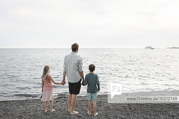 Rückenansicht eines Mannes  der Hand in Hand mit seiner kleinen Tochter und seinem Sohn an der Seefront steht
