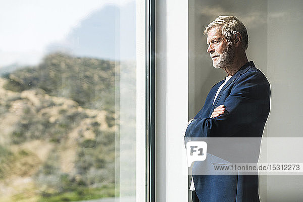 Senior businessman standing at panorama window looking out
