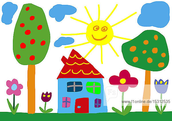 Kinderzeichnung Sonne Haus und Garten