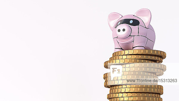Rendern eines rosa Roboter-Sparschweins auf einem Münzstapel