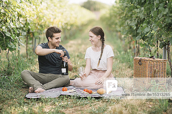 Glückliches junges Paar beim Picknick in den Weinbergen