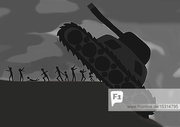Kinderzeichnung eines Panzers der eine Gruppe von Menschen bedroht