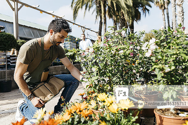 Worker in a garden center caring for a flower