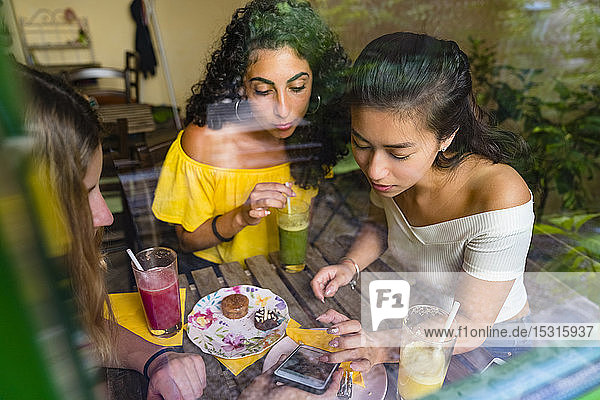 Drei junge Frauen mit Smoothies treffen sich in einem Café und teilen sich ein Smartphone