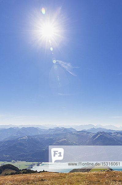 Scenic view of Watzmann mountain with lake against blue sky on sunny day seen from Schafberg Railway