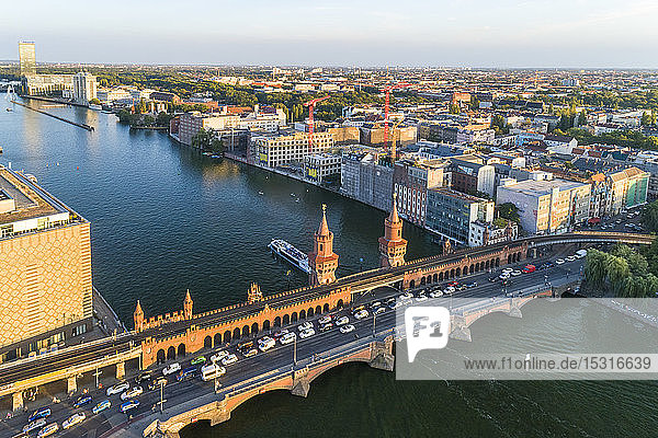 High angle view of Oberbaumbruecke bridge over river against sky