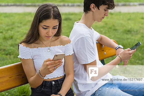 Junges Paar benutzt Smartphone in einem Park