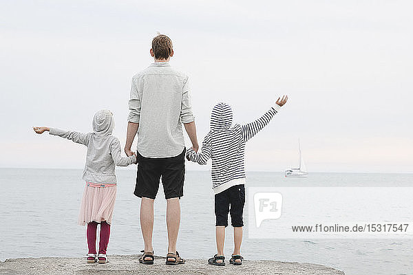 Back view of man standing in front of the sea with little daughter and son looking at distance