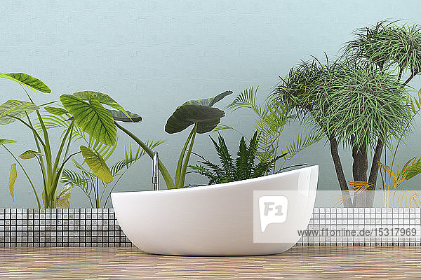 Moderne Badewanne im Badezimmer mit tropischen Pflanzen  3D-Rendering