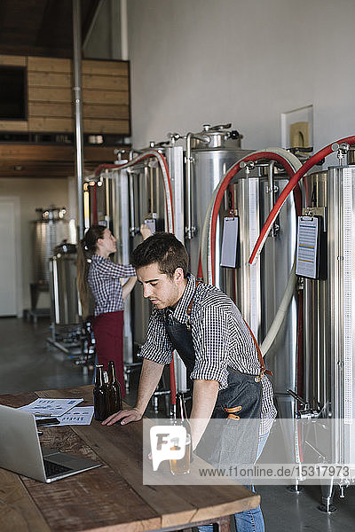Junge Unternehmer arbeiten mit Laptop in einer Brauerei