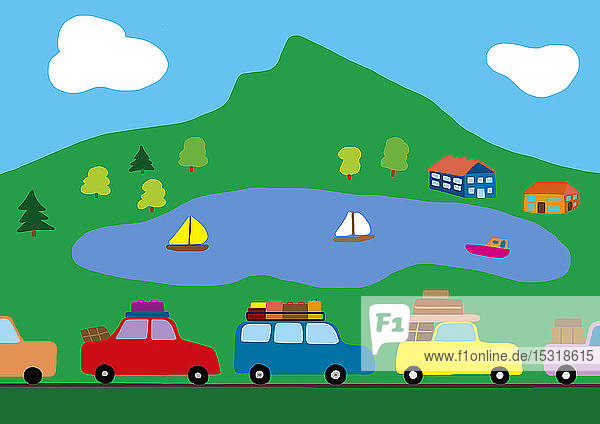 Kinderzeichnung von Autos im Stau auf dem Weg in den Urlaub