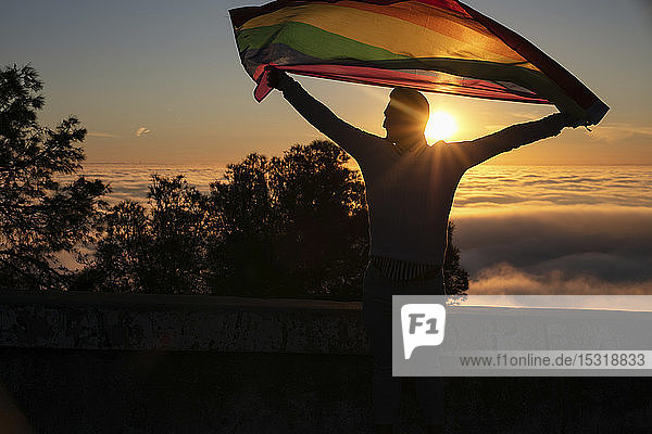 Silhouette eines Mannes  der im Gegenlicht die Fahne der Gay Pride hält