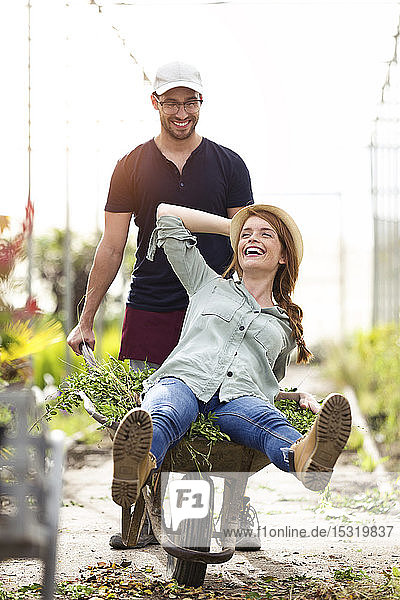 Playful man and woman having fun with a wheelbarrow in a greenhouse