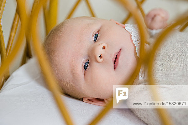 Gesicht eines 2 Monate alten Babys mit offenen Augen  gesehen durch die Gitterstäbe seines Bettes.