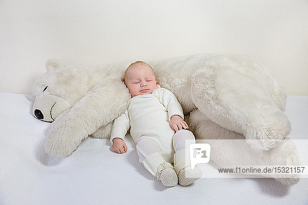 Blick auf einen kleinen Säugling  der mit einem großen weißen Teddybären auf einem Bett schläft.