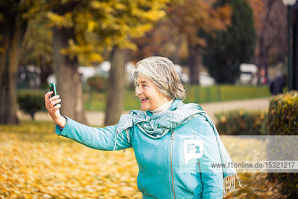 Blick auf eine lächelnde hübsche ältere Frau  die ein Selfie mit seinem Telefon auf gelben Blättern vor einem Baum mit herbstlichen Farben macht.