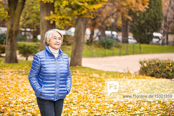 Porträt einer nachdenklichen hübschen älteren Frau  die ruhig durch einen Park vor gelben Blättern geht.